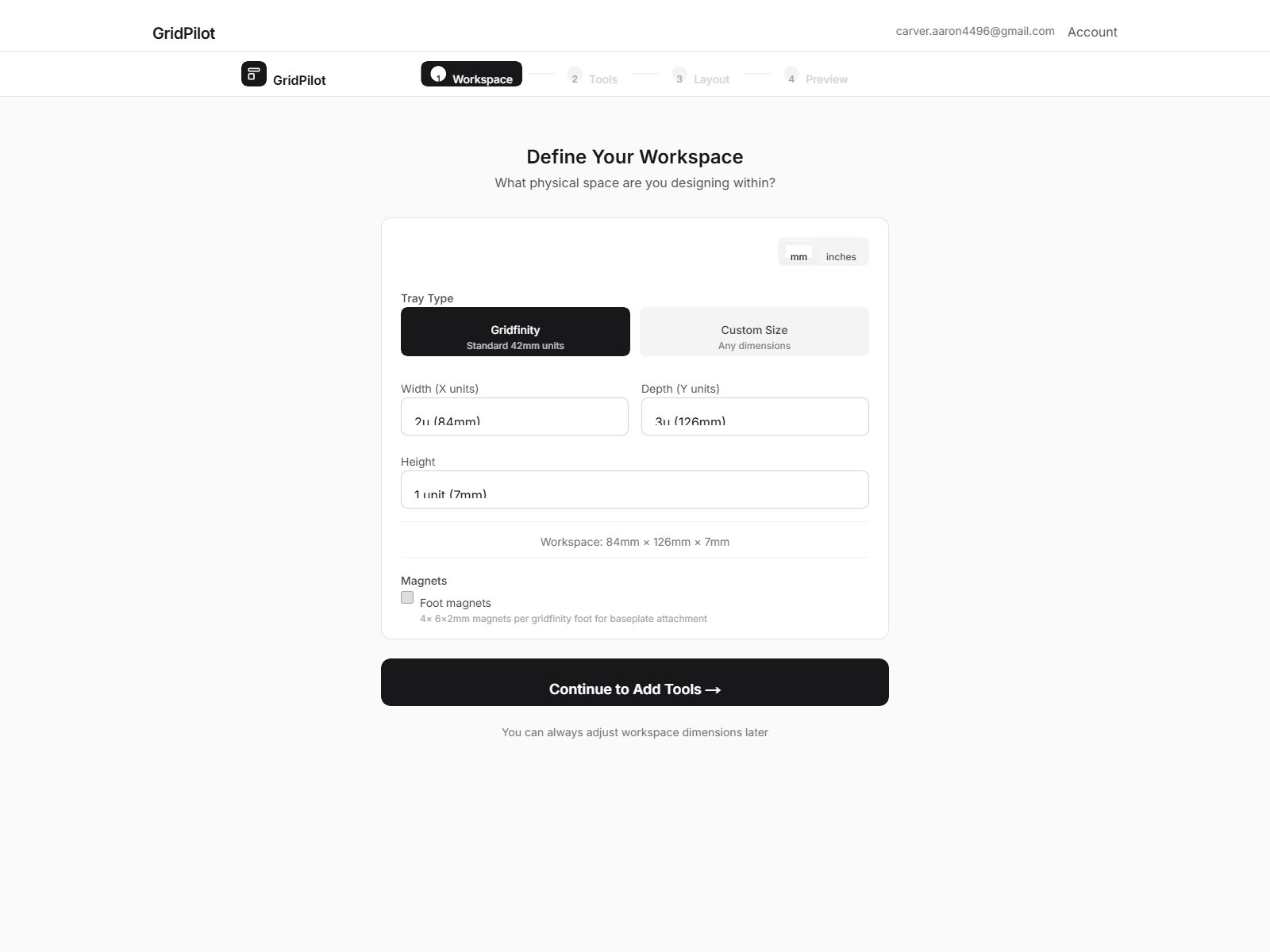 Workspace dimension configuration screen